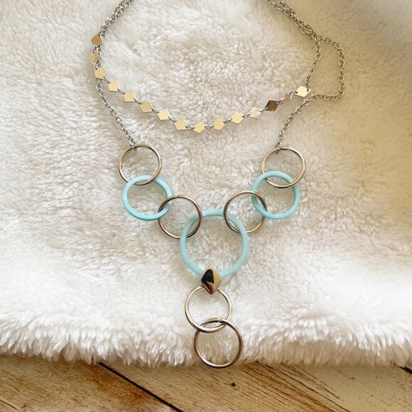 Macy’s Two Row Layered Y Necklace Silver Blue Linked Rings NWOT - Picture 3 of 9